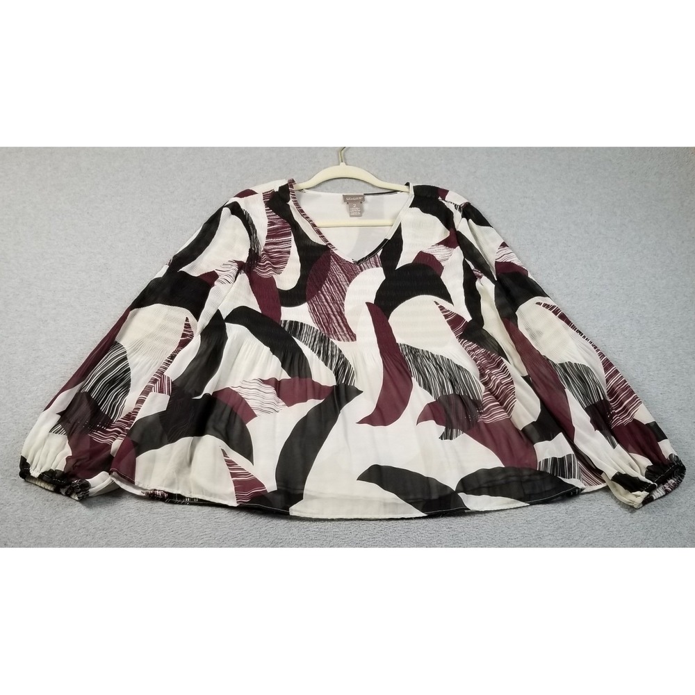 Chico's Blouse Women's 2 Large Abstract Pleated Long Sleeve V-Neck See Through